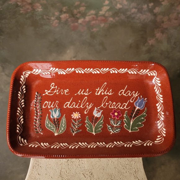 Earthen Vessel Potters Bread Plate Give us this day our daily bread Flowers - Picture 1 of 4
